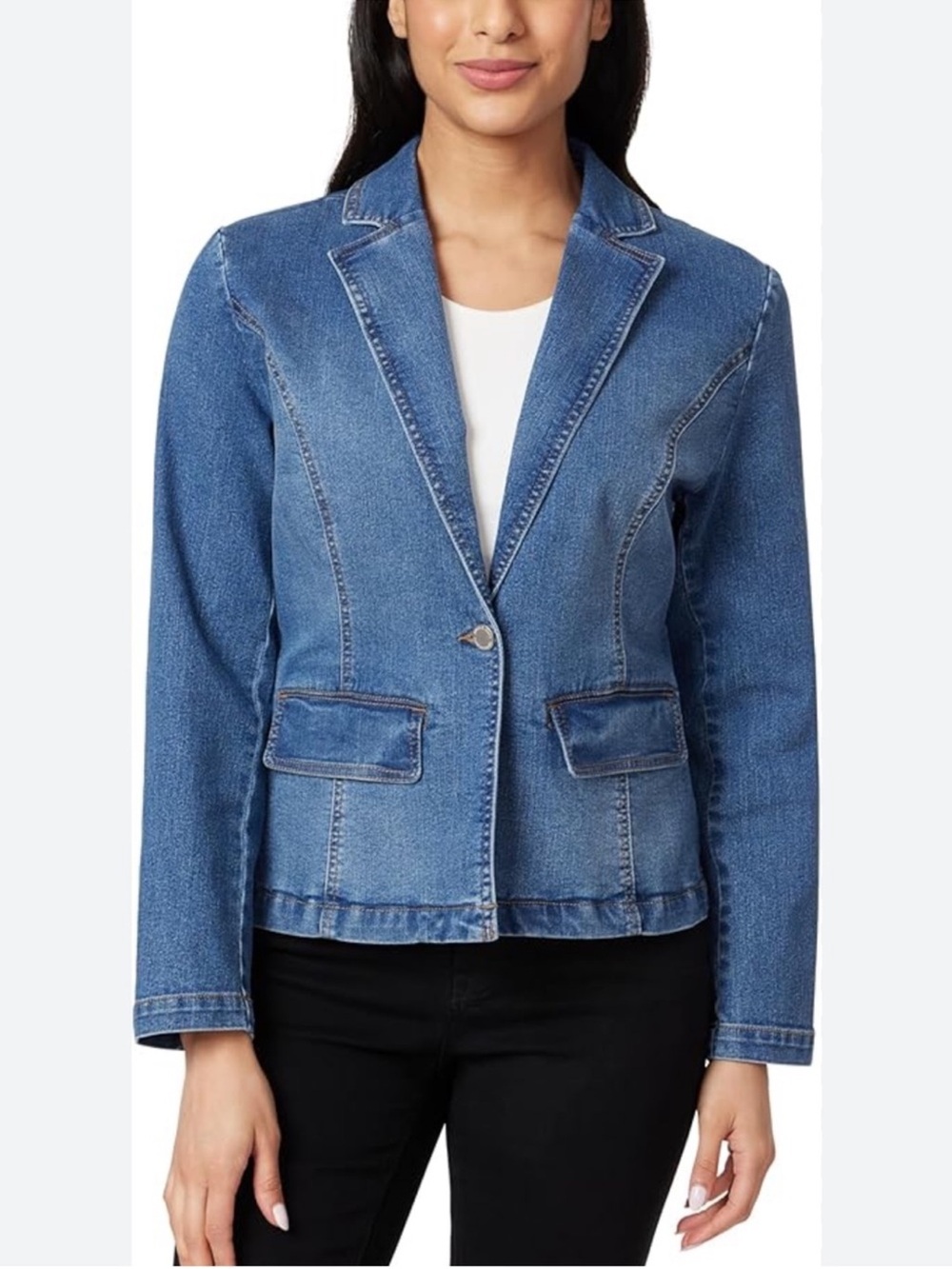Angels Forever Young L Angelica EverFlex Blue Stretch One Button Denim Blazer